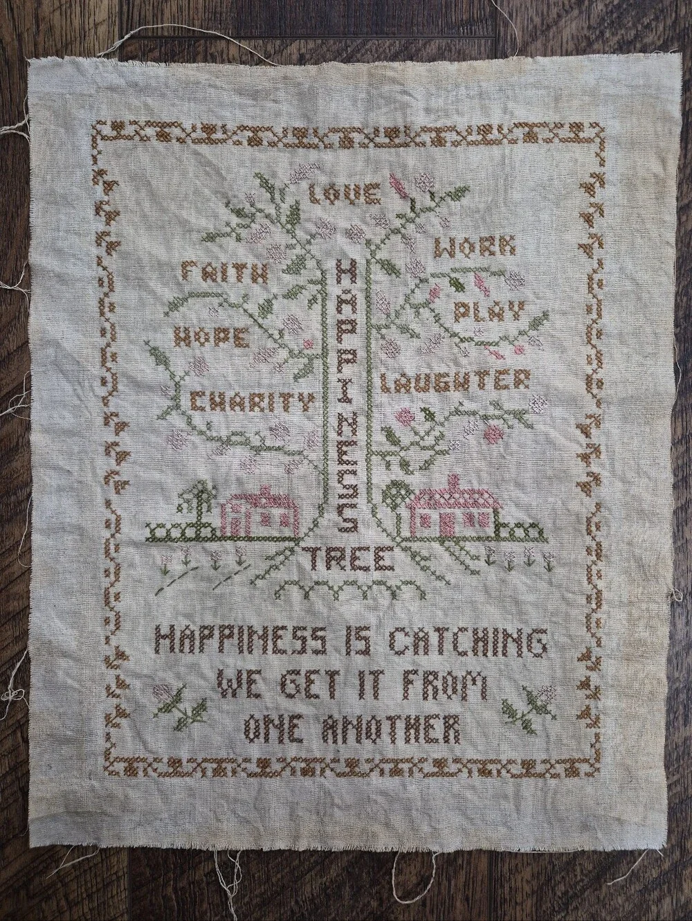 Vintage Happiness Tree Embroidered Cross Stitch Sampler Linen Fabric Large
